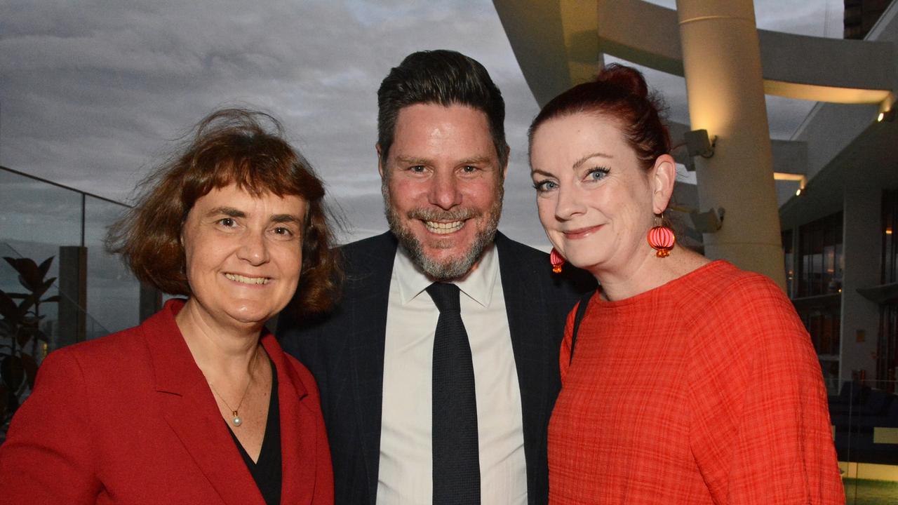 Vice Chancellor Professor Carolyn Evans, Damien Walker and Tamara Sheedy at GC Suns 2022 season launch at Nineteen at The Star Gold Coast. Pic: (c) Regina King