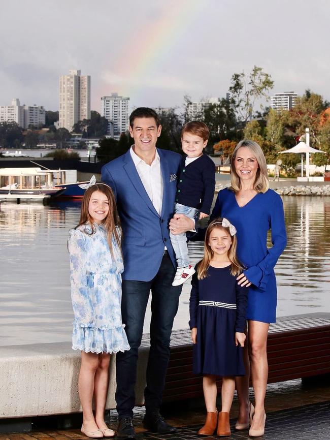 Perth Lord mayoral candidate Basil Zempilas, his wife Amy and their children Ava 9, Anthony 3 and Chloe 6. Picture: Jackson Flindell / The West Australian