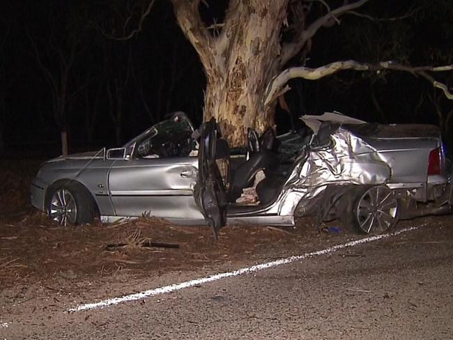 Two men injured  after their Holden slammed into a tree in an early morning Good Friday crash at Blewitt Springs. Picture: 7NEWS