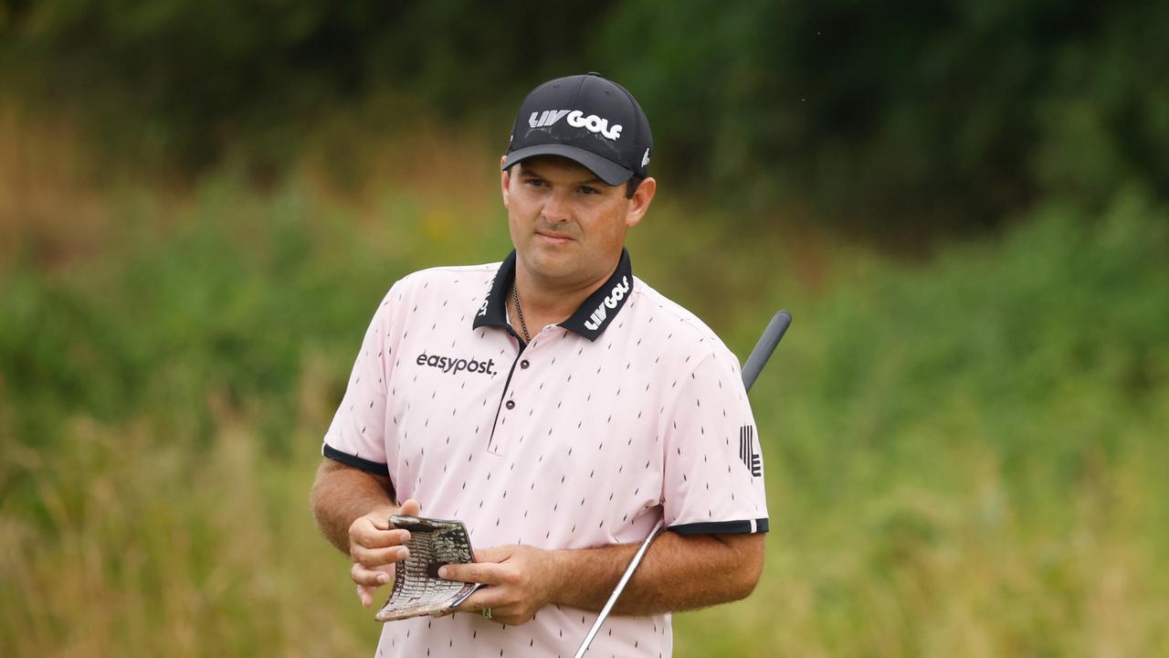 BEDMINSTER, NEW JERSEY - JULY 29: Patrick Reed of 4 Aces GC plays checks his yardage book on the 14th green during day one of the LIV Golf Invitational - Bedminster at Trump National Golf Club Bedminster on July 29, 2022 in Bedminster, New Jersey. (Photo by Cliff Hawkins/Getty Images)