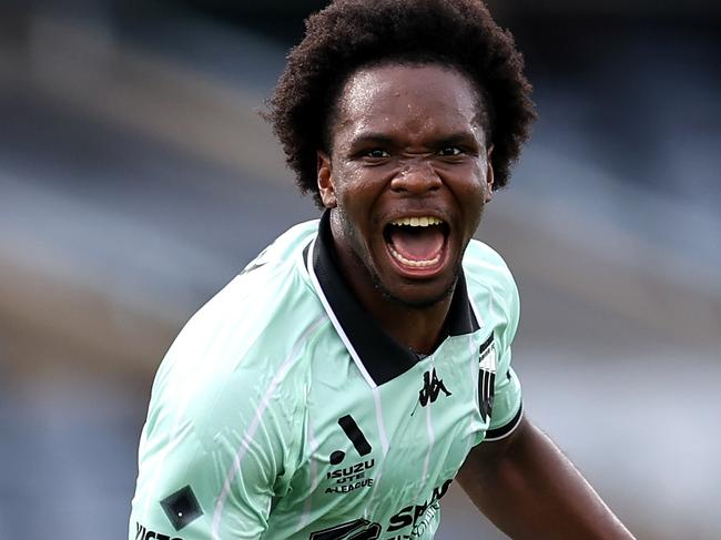 SYDNEY, AUSTRALIA - FEBRUARY 09: Abel Walatee of Western United celebrates scoring a goal during the round 18 A-League Men match between Macarthur FC and Western United at Campbelltown Stadium, on February 09, 2025, in Sydney, Australia. (Photo by Brendon Thorne/Getty Images)