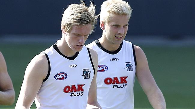 Port Adelaide Training at Adelaide Oval. Sam Hayes and Billy Frampton. Picture: SARAH REED