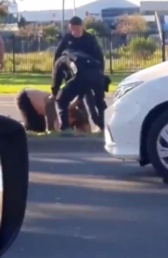 Shocking new video shows Victoria Police stomping on a man’s head on a suburban Melbourne street on Sunday afternoon. Picture: Twitter.