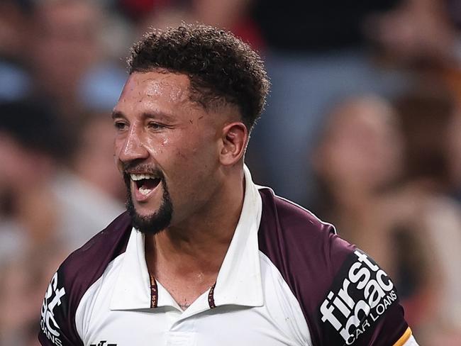 SYDNEY, AUSTRALIA - MARCH 06: Gehamat Shibasaki of the Broncos celebrates a try during the round one NRL match between Sydney Roosters and Brisbane Broncos at Allianz Stadium, on March 06, 2025, in Sydney, Australia. (Photo by Matt King/Getty Images)