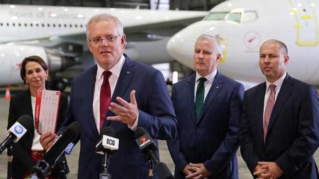 Prime Minister Scott Morrison at Qantas Hangar 96 at Sydney Airport. Picture: NCA NewsWire / Dylan Coker