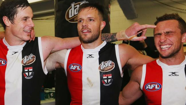 Nathan Brown (middle) is having a brilliant year for St Kilda. Picture: Getty Images