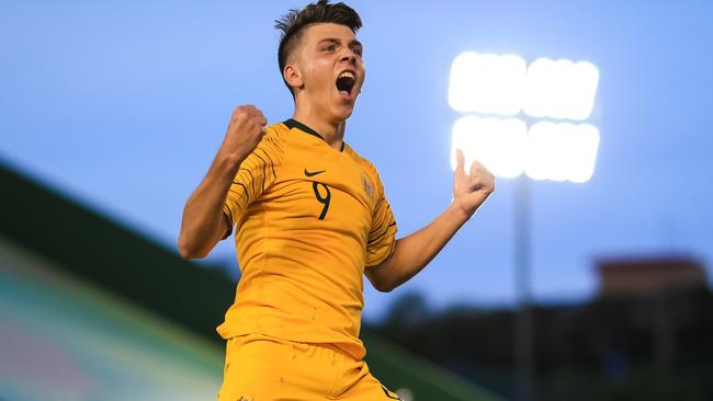 Australia’s next big thing Noah Botic celebrates one of his goals against Nigeria. Picture: FIFA/Getty Images