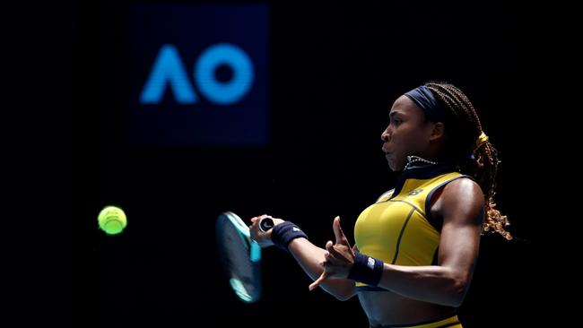 Coco Gauff thunders a forehand in her showdown with Marta Kostyuk. Picture: Getty