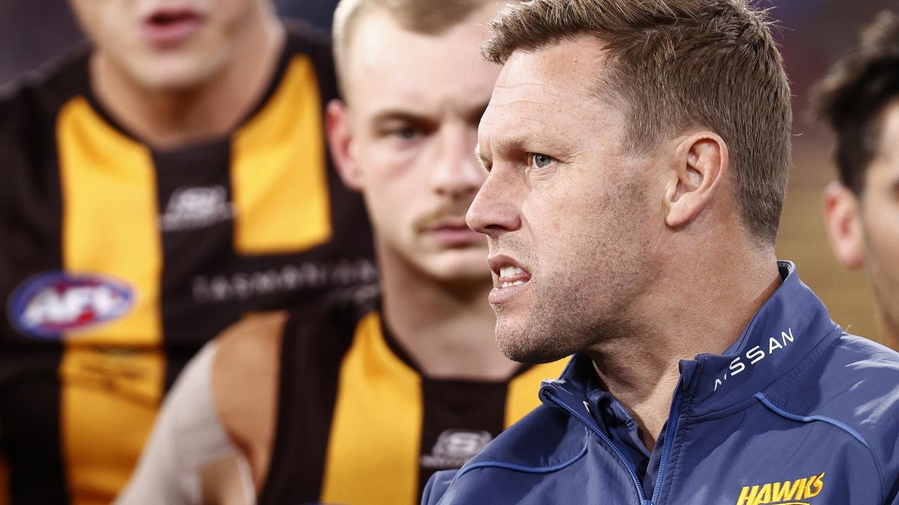 Sam Mitchell during his team’s thumping at the hands of the Melbourne Demons. Photo by Darrian Traynor/AFL Photos/via Getty Images.