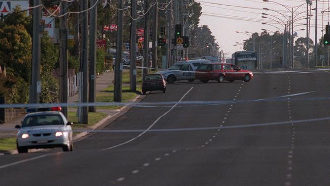 The scene on Cochranes Rd, Moorabbin where policemen Gary Silk, and Rodney Miller were shot dead. Picture: Andrew Batsch