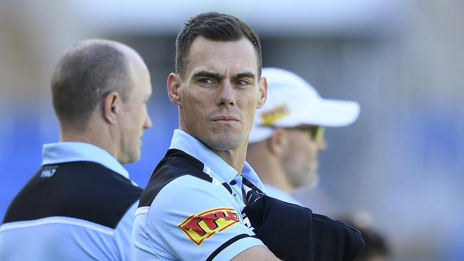 GOLD COAST, AUSTRALIA - JULY 04: Sharks coach John Morris looks on before the start of the round eight NRL match between the Gold Coast Titans and the Cronulla Sharks at Cbus Super Stadium on July 04, 2020 in Gold Coast, Australia. (Photo by Ian Hitchcock/Getty Images)