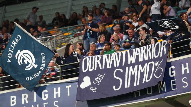 Fans turned out to celebrate Kade Simpson during his last game of AFL footy. Picture: AFL Photos/Getty Images