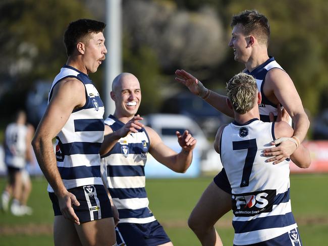 MPFNL: Division Two Seniors, Qualifying Final, Round 1. Chelsea FNC Seniors vs Devon Meadows FNC Seniors at RJ Rowley Reserve, Rye, Victoria, Saturday 17th August 2024. John Simson, top right, celebrates a goal with teammates. Picture: Andrew Batsch