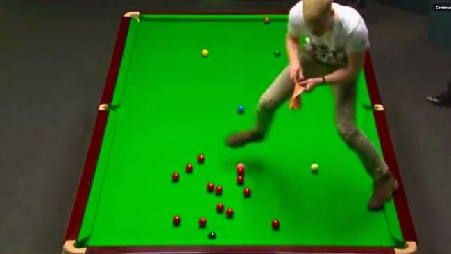 Climate activists disrupt the World Snooker Championship on Monday. Picture: Twitter