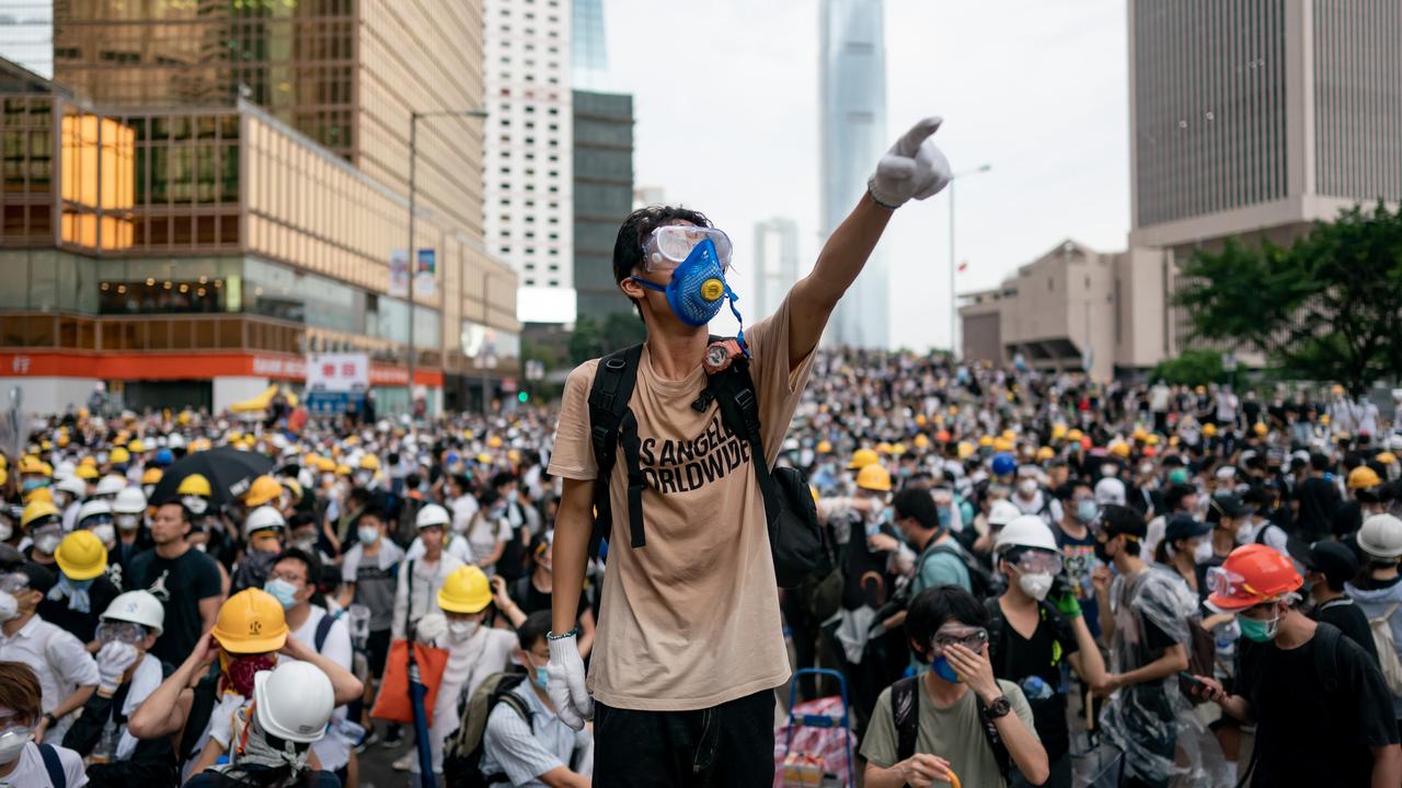 A protester makes a gesture during a protest on June 12, 2019 in Hong Kong.