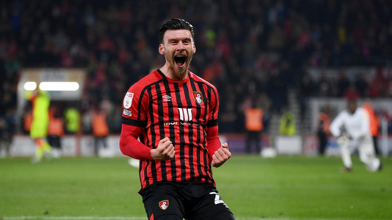 BOURNEMOUTH, ENGLAND - MAY 03: Kieffer Moore of AFC Bournemouth celebrates after scoring their team's first goal during the Sky Bet Championship match between AFC Bournemouth and Nottingham Forest at Vitality Stadium on May 03, 2022 in Bournemouth, England. (Photo by Mike Hewitt/Getty Images)
