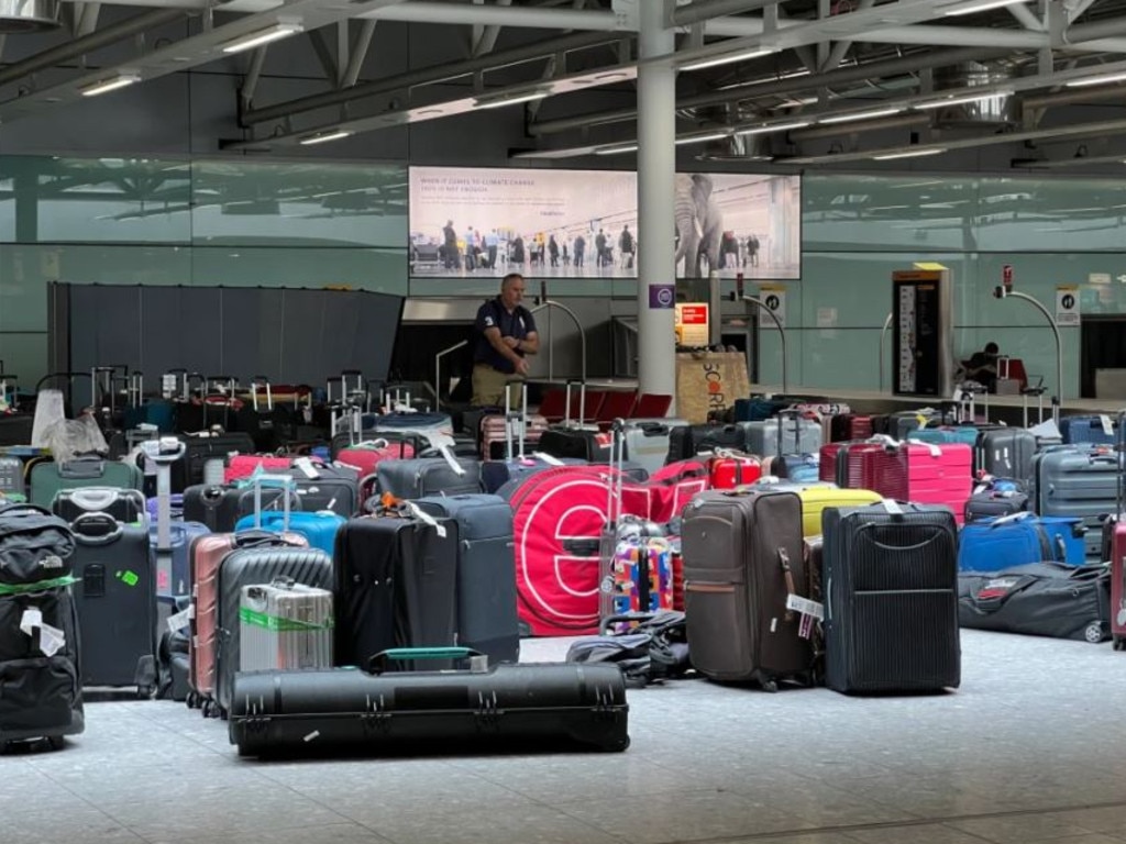 Heathrow airport in chaos with suitcases littered at arrivals. Picture: 999london