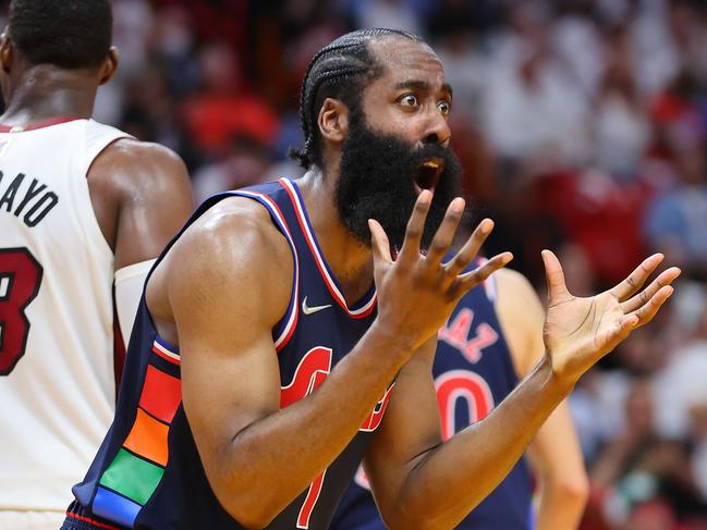 MIAMI, FLORIDA - MAY 04: James Harden #1 of the Philadelphia 76ers reacts against the Miami Heat during the second half in Game Two of the Eastern Conference Semifinals at FTX Arena on May 04, 2022 in Miami, Florida. NOTE TO USER: User expressly acknowledges and agrees that, by downloading and or using this photograph, User is consenting to the terms and conditions of the Getty Images License Agreement. (Photo by Michael Reaves/Getty Images)