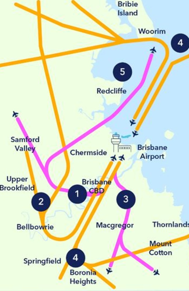 Arrivals (orange) and departures (pink) of five proposed new routes. Image: Airservices Australia