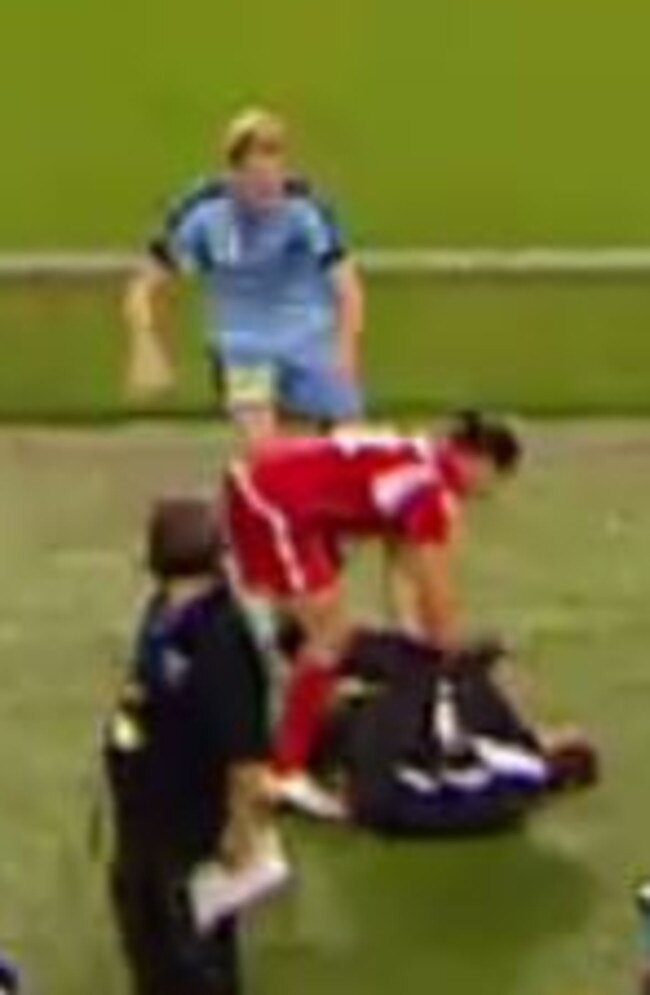 A screengrab showing Sydney FC player Matt Simon approaching Adelaide United player Michael Marrone as he tries to recover the ball from the ball boy during extra time of the FFA Cup final at Allianz Stadium on Tuesday. Picture: FoxSports