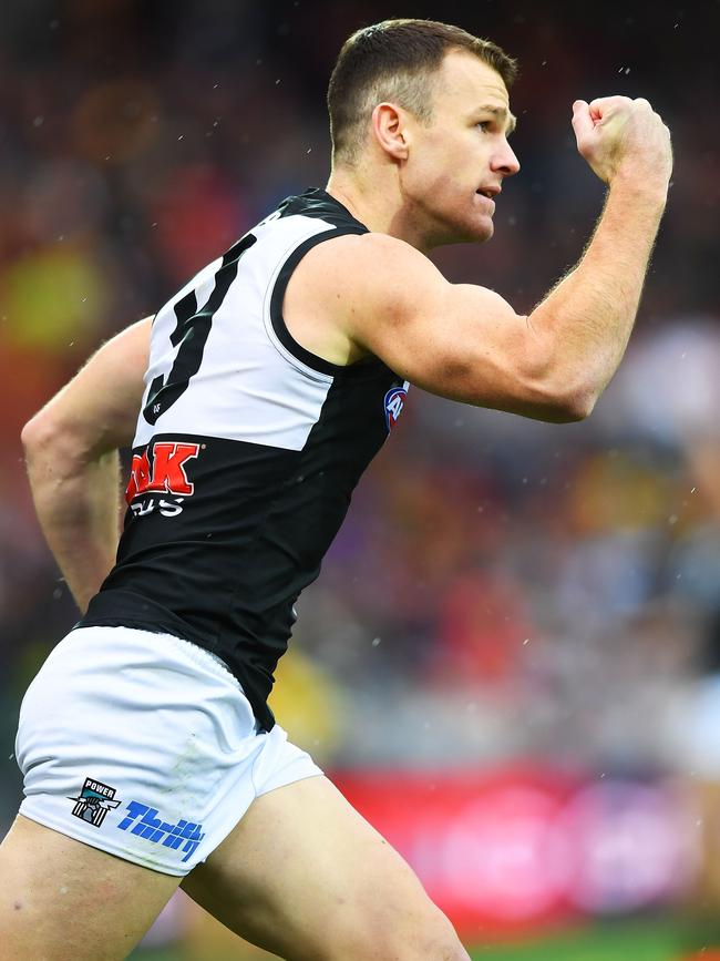 Port Adelaide’s Robbie Gray celebrates a goal at Adelaide Oval. Picture: Mark Brake/Getty