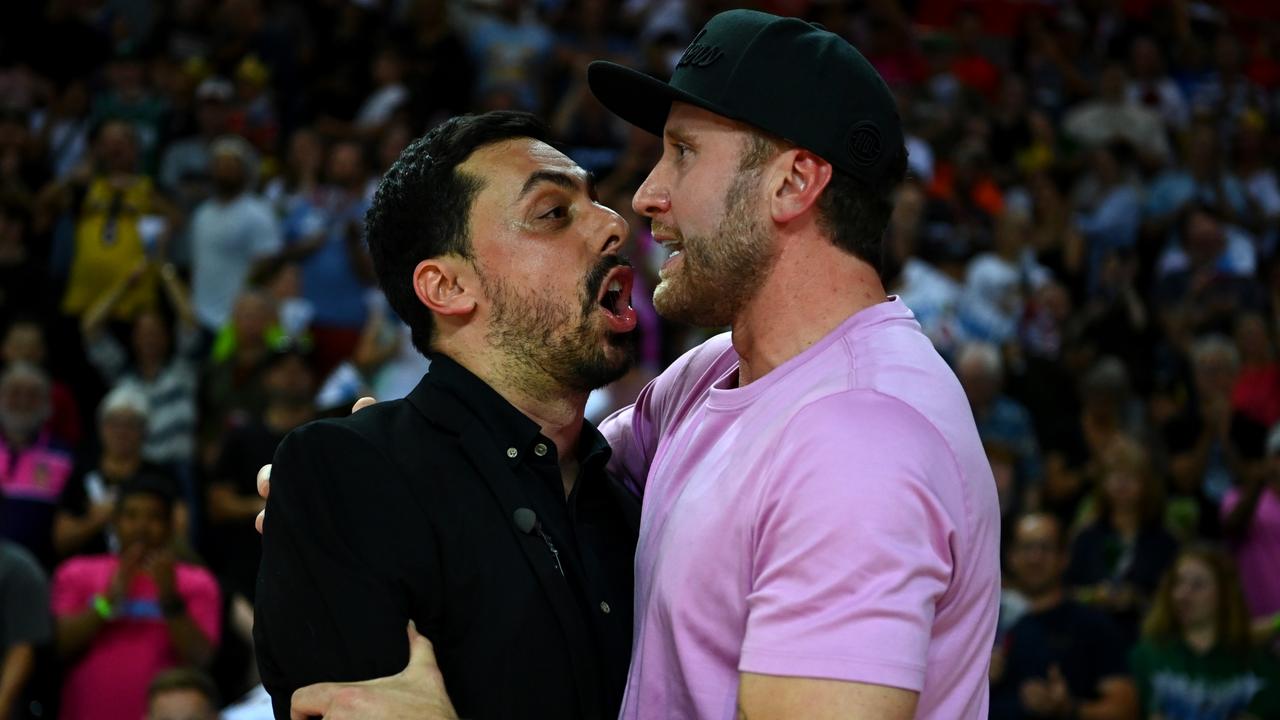 Head coach of the Breakers Mody Maor celebrates with Breakers owner Matt Walsh after winning game four. (Photo by Hannah Peters/Getty Images)