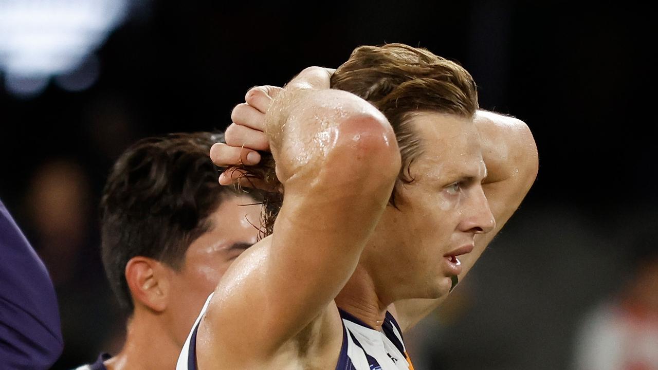 Nat Fyfe struggled to have an impact in his first senior game as a full-time forward. Picture: Michael Willson/AFL Photos via Getty Images