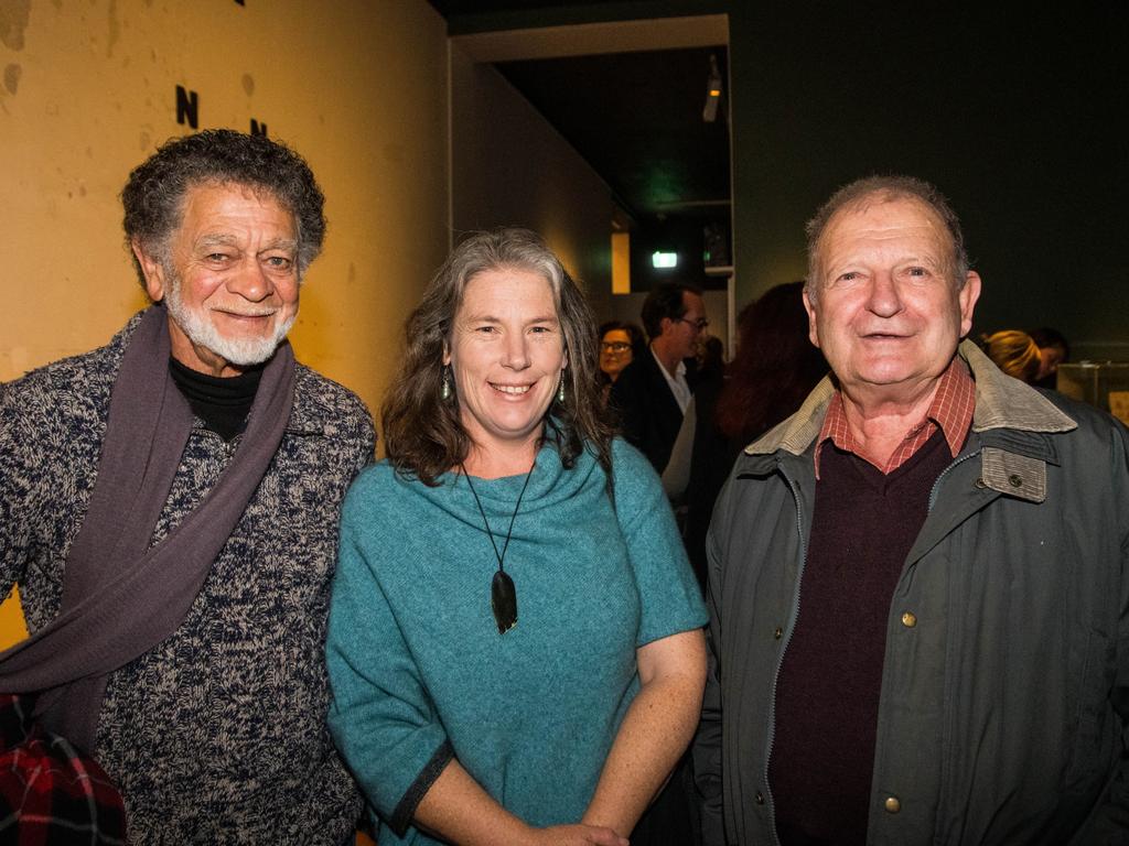 Opening of the TMAG Dark Mofo major exhibition Tense Past by Julie Gough. Jim Everett, of Cape Barren Island, left, Kelly Slater, of Railton, and Rex Greeno, of Launceston. Picture: Alastair Bett Photography