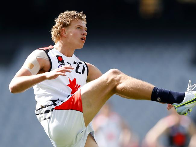 MELBOURNE, AUSTRALIA – SEPTEMBER 24: Jed Walter of the Team Houli Squad kicks the ball during the 2022 AFL Futures match between Team Houli and Team Murphy at the Melbourne Cricket Ground on September 24, 2022 in Melbourne, Australia. (Photo by Dylan Burns/AFL Photos via Getty Images)