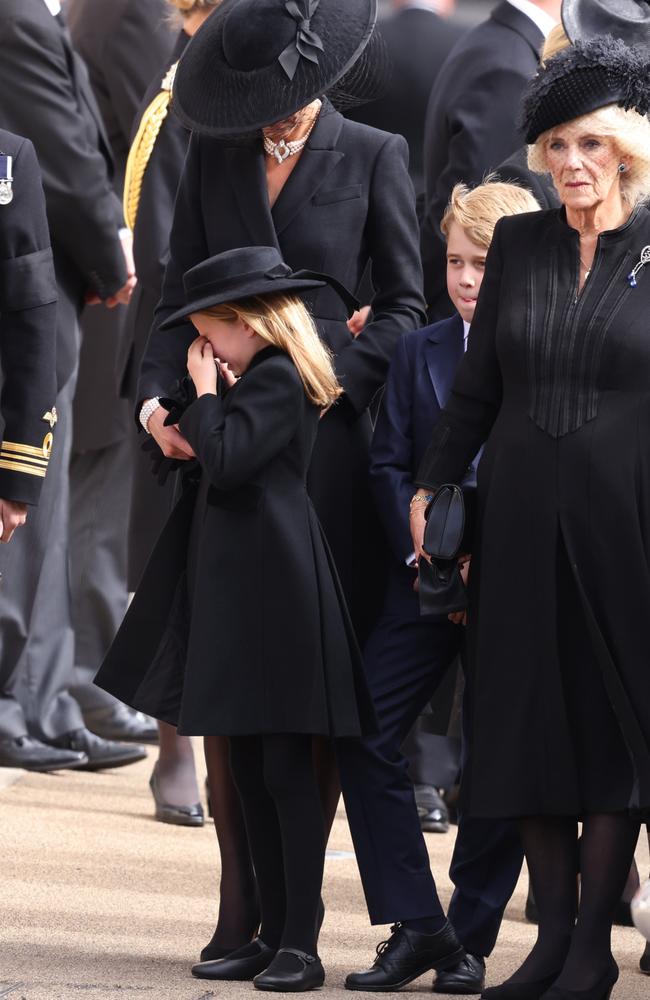 Princess Charlotte cries next to Catherine, Princess of Wales, on the day of the Queen’s funeral. Picture: Getty Images