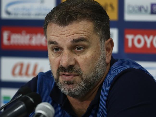 MALACCA, MALAYSIA - OCTOBER 04:  Australian coach Ange Postecoglou speaks to the media during an Australia Socceroos press conference at Hang Jebat Stadium on October 4, 2017 in Malacca, Malaysia.  (Photo by Robert Cianflone/Getty Images)