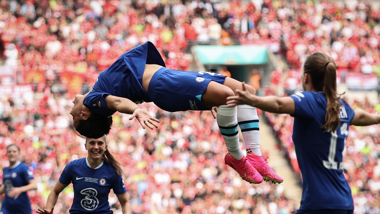 Sam Kerr mencetak satu-satunya gol untuk Chelsea di final Piala FA putri.  (Foto oleh Ryan Pierse/Getty Images)