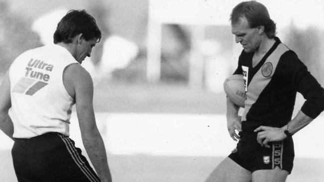 Footballer/coach Graham Cornes (r) with Chris McDermott during Glenelg Tigers training 21 Sep 1988.