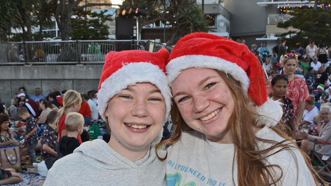 Hannah and Sarah Luttgens at Carols on the Beach, Surfers Paradise. Pic: Regina King