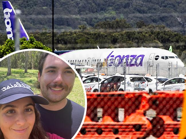 Bonza plane sitting on the tarmac at Gold Coast Airport ready to go while their Canadian crew twiddle their thumbs at the hotel pool awaiting CASA approval. NO BYLINE