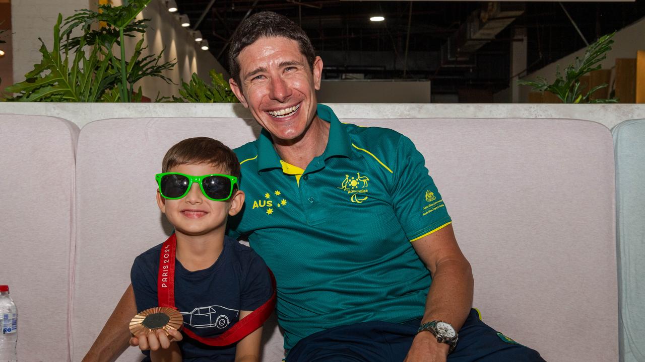 Dante½ Wilson and Darren Hicks at the Olympic and Paralympic teams Welcome Home Celebrations at Casuarina shopping centre, Darwin, Oct 2024. Picture: Pema Tamang Pakhrin