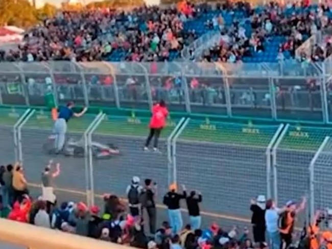 The invasion involved a safety breach which saw spectators skip security and make their way onto the track while cars were still on the circuit. Picture: 7News