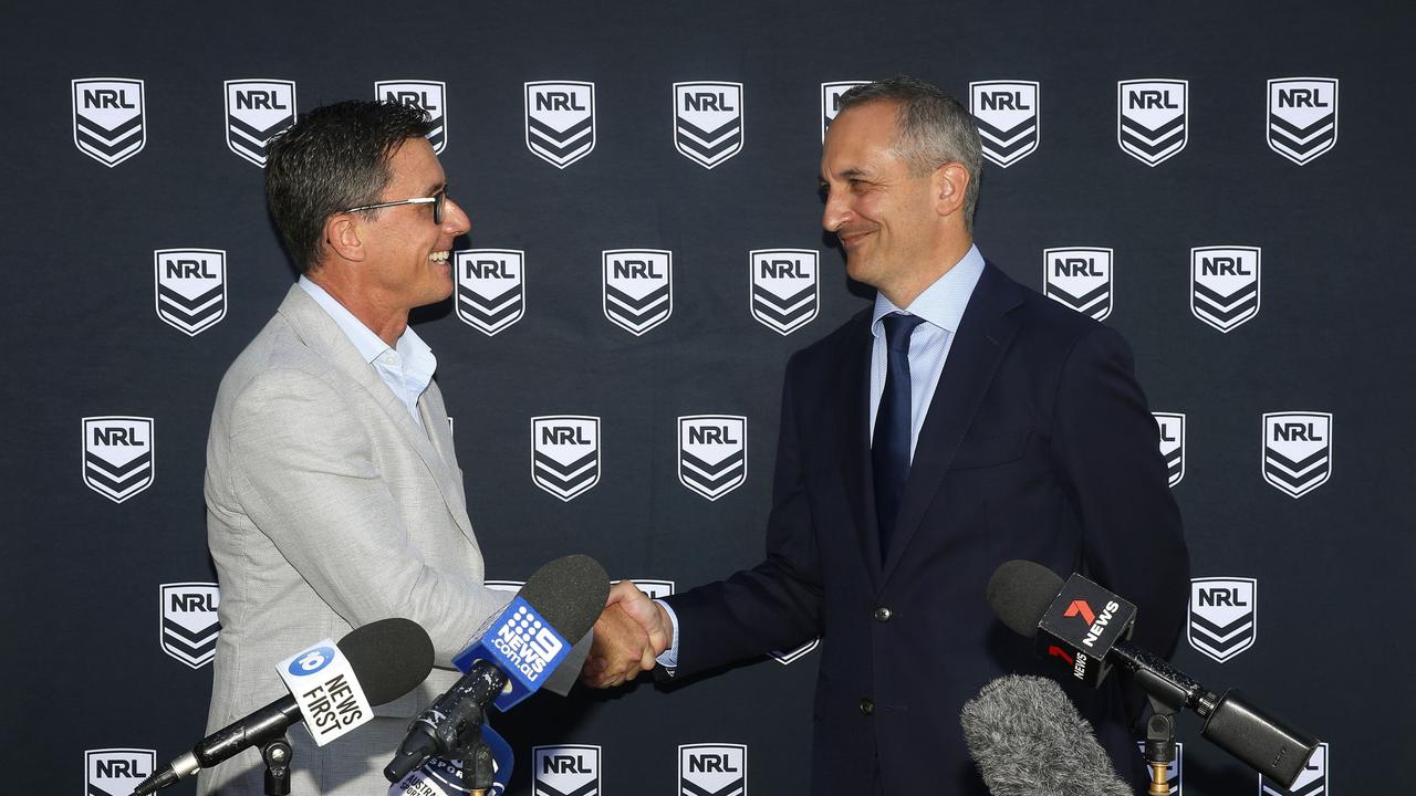 L to R: Swyftx CEO Ryan Parsons and NRL CEO Andrew Abdo announce a three year partnership between NRL and Swyftx. Picture: Salty Dingo