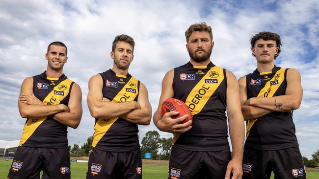 Glenelg players Nick Stevens, Chris Curran, Will Gould and Oscar Adams. Picture: Kelly Barnes