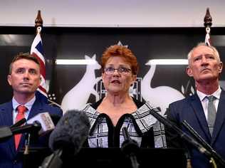 Queensland Senator and One Nation leader Pauline Hanson (centre), flanked by party officials James Ashby (left) and Steve Dickson, speaks during a press conference in Brisbane, Thursday, March 28, 2019. Picture: DAN PELED