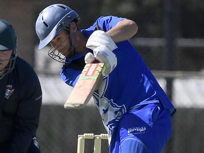 BullaÃs Lachlan Ruff and SunburyÃs Jason King during the GDCA cricket match between Sunbury Kangaroos and Diggers Rest Bulla in Sunbury, Saturday, Feb. 19, 2022. Picture: Andy Brownbill