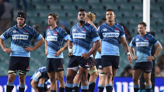 Dejected Waratahs after their loss to the Jaguares.