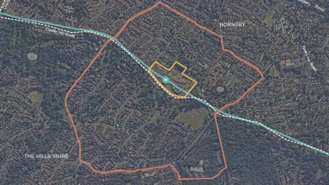 The proposed precinct (outlined in orange) runs between The Hills Shire and Hornsby Shire.