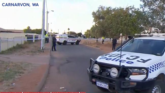 Police outside Carnarvon house where Cleo Smith was found. Picture: 9News