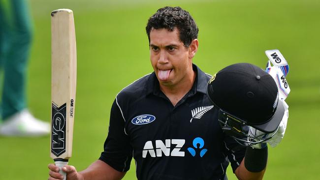 New Zealand's Ross Taylor celebrates scoring a century during the second ODI between New Zealand and South Africa at the Hagley Park Oval in Christchurch.