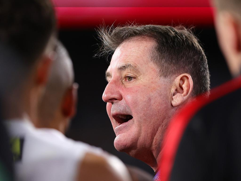 Ross Lyon was only confronted by print journalists after the game on Friday night. Picture: Sarah Reed/AFL Photos via Getty Images.