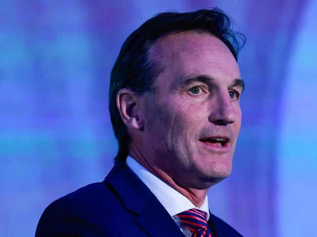 SYDNEY, AUSTRALIA - MARCH 04: Andrew Dillon speaks during the 2025 AFL Season Launch at Luna Park on March 04, 2025 in Sydney, Australia. (Photo by Hanna Lassen/AFL Photos/via Getty Images)