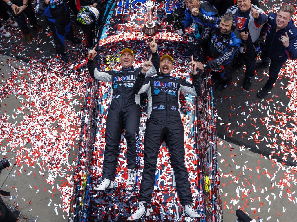 Supercars drivers Chaz Mostert and Lee Holdsworth celebrate after winning the 2021 Bathurst 1000. Picture: Mark Horsburgh