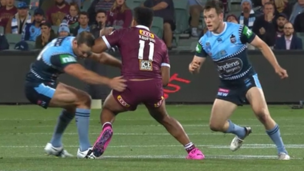 Kaufusi's elbow catches NSW captain Boyd Cordner during last year’s Origin.