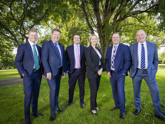 Ray White Commercial Tasmania. New agency launch, pic embargoed til 1 feb 2025. (L-R) Tom Balcombe, Matthew Wallace, Claude Alcorso, Heather Mason, Hayden Peck and Trevor Fox.Picture: Richard Jupe